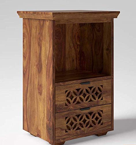 Image of Jangid Handicraft Solid Sheesham Wood Bedside Table for Bedroom | Wooden Bed Side Nightstand End Table with 2 Drawer & Open Shelf Storage for Home & Living Room | Sofa Side Table | Honey Finish
