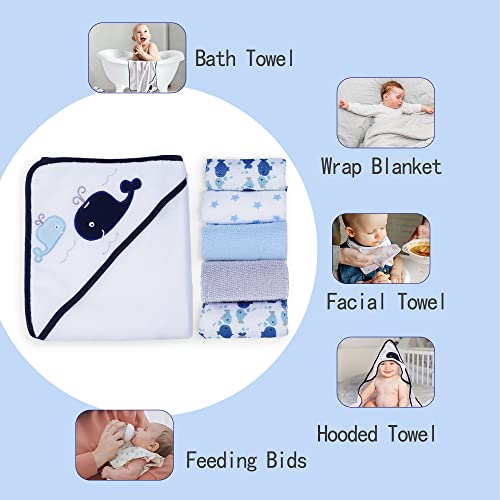 Image of Viviland Baby Towels and Washcloths, Soft Absorbent Baby Boy Bath Towel Set, Whale Hooded Towels with 5 Infant Washcloths，(6 Pieces)