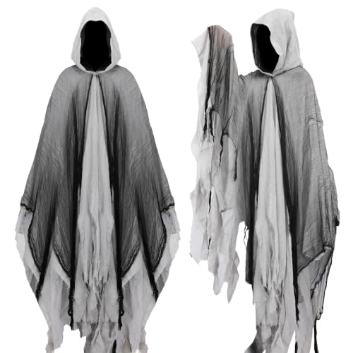 HenfuME Disfraz De Fantasmas De Terror,Capa Fantasmal Con Capucha,Disfraz Halloween Hombre Terror,Raje De Capa Fantasma Para Hombre Y Mujer(Gris)