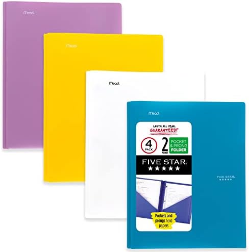 Five Star 2-Pocket Folders, 4 Pack, Plastic Folders with Prong Fasteners, Holds 11” x 8-1/2”, Assorted Colors (38136)