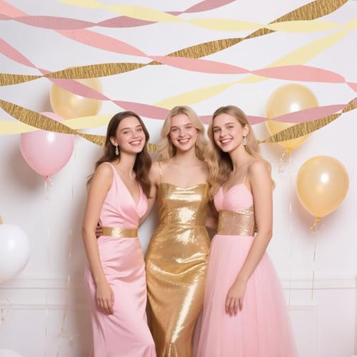 Image of Riqiaqia Streamers Party Decorations,8 Rolls Pink Gold Crepe Paper Streamers for Wedding, Birthday, Bachelorette, Bridal Showerand Baby Shower Girl