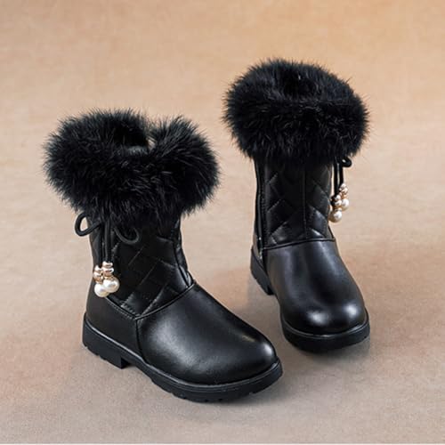 Girls Winter Mid-Calf Leather Warm Fur Boots Side Zipper Bowknot Pearl Princess Booties3