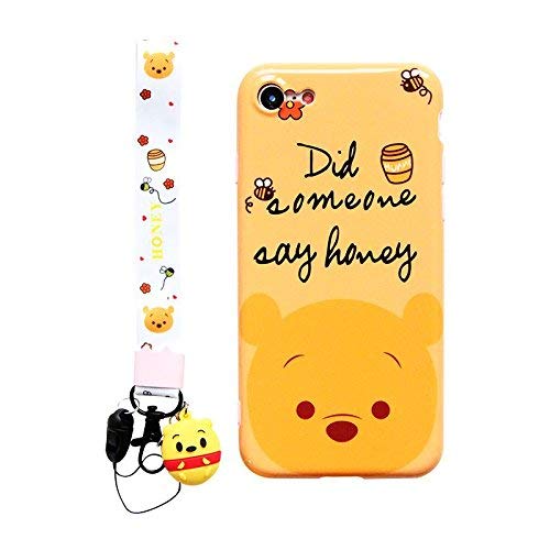 Ultra Slim Soft TPU Winnie the Pooh Bear Case With Charm Strap for iPhone 7 8 iPhone7 iPhone8 Regular Size Shockproof Shock Proof Smooth 3D Cartoon Cute Lovely Cool Girls Women Teens Kids Boy