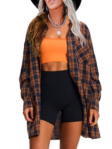 EXLURA Womens Plaid Flannel Shacket Long Sleeve Button Down Shirts Long Jackets Oversized Spring Fashion Outfits 2025 Clothes