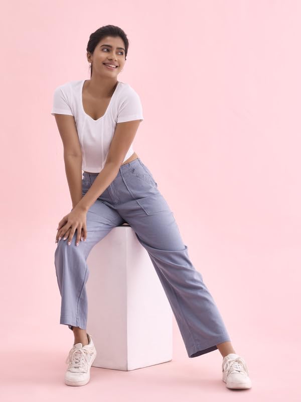 Image of GO COLORS Solid Linen Cargo Pants for Women | Full Length, Mid Rise, Side Pockets