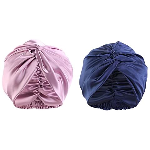 Aivtalk 2 Pcs Women Satin Sleep Cap Breathable Soft Head Cover Silk Hair Wrap Elastic Elegant Night Bonnet, Purple+Navy Blue Cover