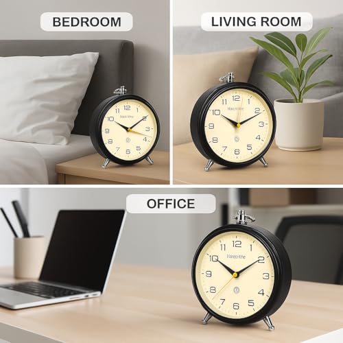 AERYS Honeytime Metal Alarm Clock Wall Clock Table Clock for Study Analog Silent Vintage Clock,Alarm Clock for Heavy Sleepers Home Office Bedroom-Black (Battery Not Included)-13 Cm Black