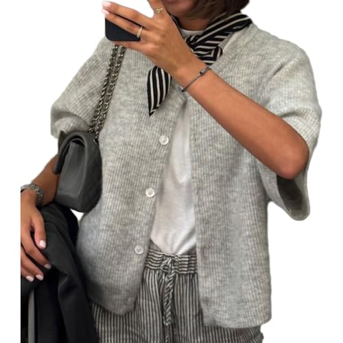 Women Y2k Knitted Crop Cardigan Short Sleeve Button Up Rib Knit Solid Color Cute Sweater Shirt