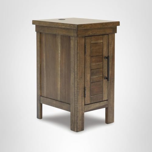 Signature Design by Ashley Moriville Rustic Farmhouse End Table with 1 Cabinet Door and USB Ports, Brown