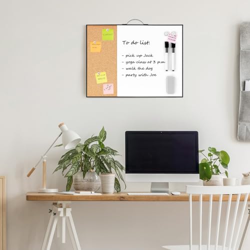 Image of Small Cork Board Whiteboard Combo - 12 inch X 16 inch Portable Aluminum Black Framed Magnetic Dry Erase Board for Wall, Mini Bulletin CorkBoard with a Handle for Office, Home and School