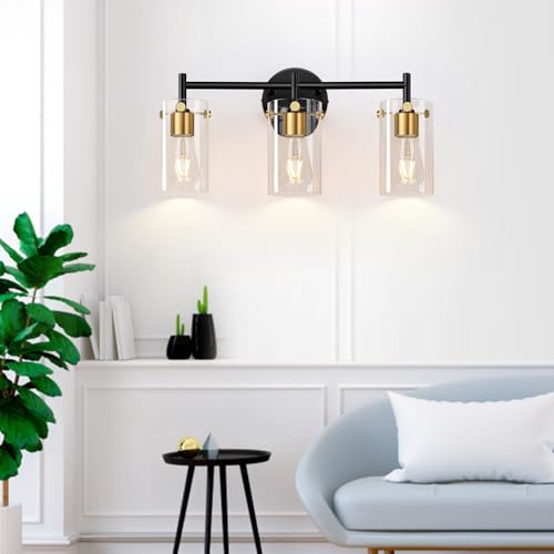 Image of Indoi Bathroom Light Fixtures, 3-Light Black and Gold Vanity Light, Black Bathroom Lights Over Mirror with Clear Glass Shade for Mirror Bedroom Living Room (Pack of 2)