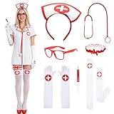 HarnyLoom Disfraz de Enfermera para Mujer Accesorios para Disfraz de Enfermera con Diadema Medias de Liga y Gafas Rojas Disfraz de Carnaval para Mujer Ayudante de Doctor Doctora Profesión Fiesta