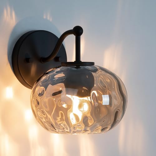 Image of Modern Iridescent Glass Wall Sconce Matte Black Wall Light Set of 2 Hammered Smoked Glass Vanity Light for Bedroom Hallway Living Room Stairwell Bathroom Over Mirror