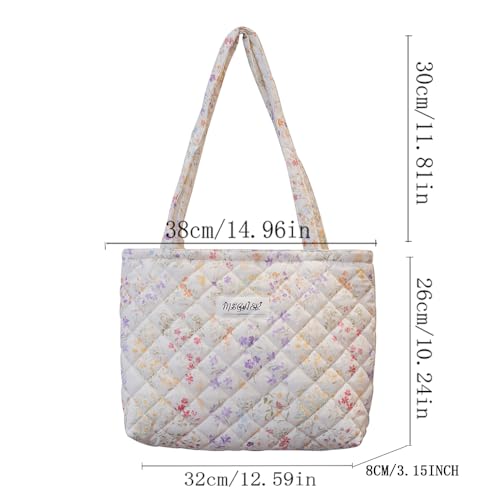 Image of Floral Quilted Cotton Shoulder Bag for Women Daily Use Medium Size Handbag Large Capacity Thickened Design Tote
