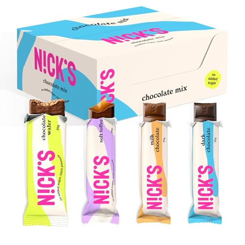 NICKS Schokolade Keto Riegel, Chocolate Mix box mit Schokoriegel ohne Zuckerzusatz, Glutenfrei, Low carb Süßigkeiten Palmölfrei (Probierpaket mit 12 Snacks bars)