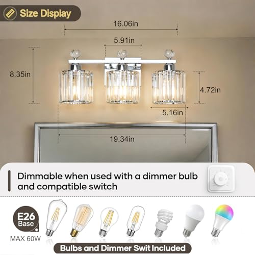 Image of Lxybcce Modern Crystal Bathroom Vanity Light, 3-Lights Bathroom Light Fixtures, 19.34In Chrome Vanity Light Fixtures Over Mirror, Easy Installation & Dimmable Lighting