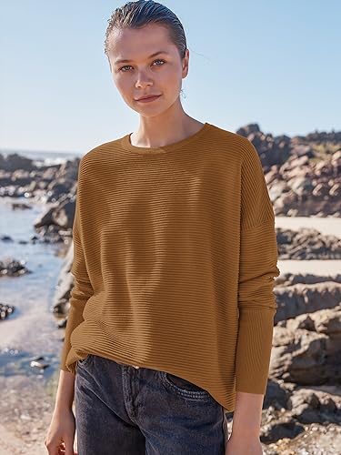 Anrabess Women Crewneck Long Batwing Sleeve Casual Loose Fit Ribbed Knit Fall 2024 Cozy Pullover Sweater Top Outfits Camel Medium thumb #2