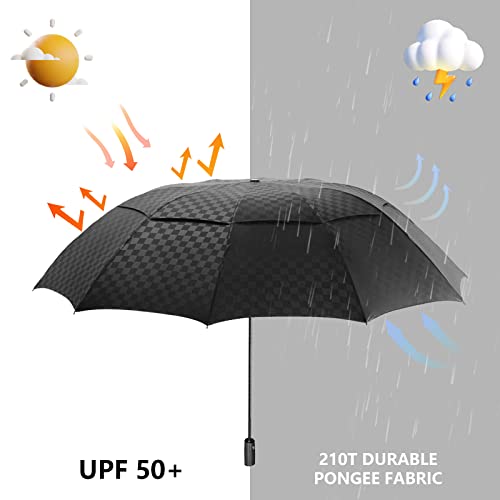 Satol Large Golf Umbrella 62 Inch, Black Automatic Windproof Double Canopy Vented 8 Ribs Sturdy Folding Umbrella, Upf 50+ Portable Wind Resistant Sun & Rain Compact Umbrellas For Travel (Checkered) #TOP4