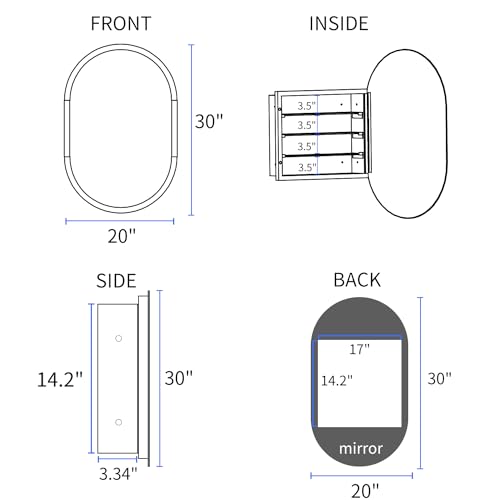 HESONTH Oval Medicine Cabinet with Mirror,Recess or Surface Mounted Bathroom Medicine Cabinet,20×30 Inch Frameless Mirror Cabinet
