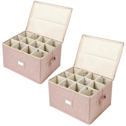 popoly Wine Glass Storage Box 2 Pack, Stemware Storage Containers Cases with Dividers, Stackable Moving Supplies for 24 Wine Glasses, Drinkware, Glassware or Crystal, (Beige)