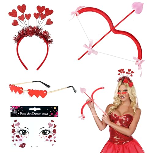 Hpbaggy Conjunto de 4 fantasias de amor para mulher, com diadema brilhante, óculos de coração, flecha e arco, tatuagens faciais para dia dos namorados, carnaval, Halloween