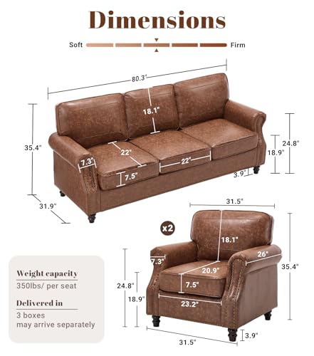 Image of Kingfun 3 Seater Sofa, Mid-Century Modern Faux Leather Couch Set for Living Room, Darkbrown with Rolled Arms & Nailhead Trim, Easy Assembly