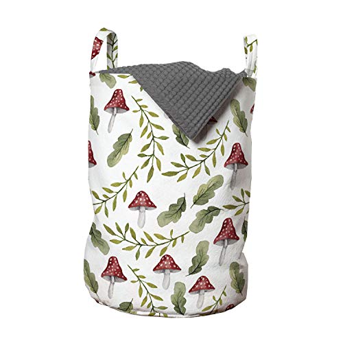 Image of Ambesonne Mushroom Laundry Bag, Watercolor Pattern Green Leaves Forest Elements Botanical Woodland Theme, Hamper Basket with Handles Drawstring Closure for Laundromats, 13" x 19", Green Ruby