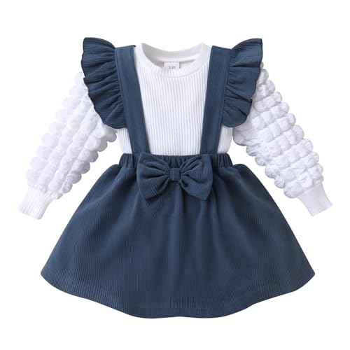 Baby Girl Toddler Corduroy Dress Outfit Sets Bubble Long Sleeve Ribbed Top and Jumper Skirt Fall Clothes 12M-5Y