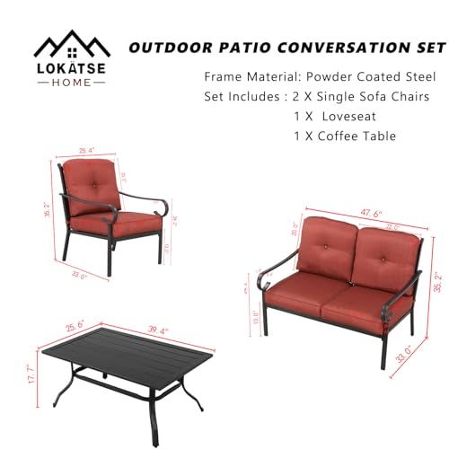 Image of LOKATSE HOME 4-Piece Patio Cushioned Furniture Outdoor Bistro Conversation Set with 1 Loveseat, 2 Single Sofa Chairs, 1 Coffee Table, Red