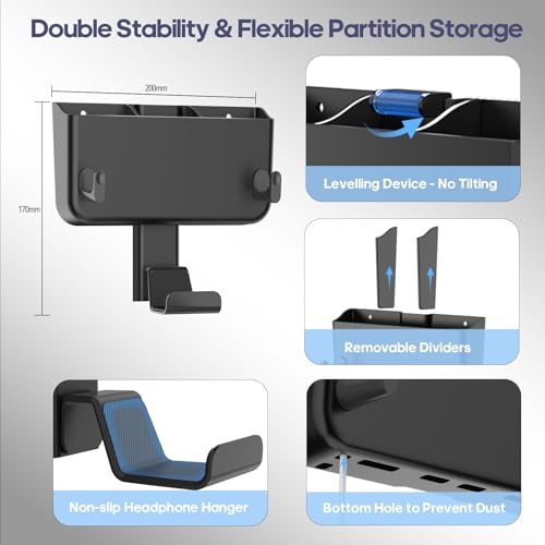 Image of Kytok Adhesive Remote Control Holder Wall Mount with Headset Hanger, 3 in 1 Organizer TV /Fan Remote Caddy with Hook for Headphone, No Drill Controller Storage Bracket, Bed Wall Rack