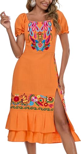 Image of YZXDORWJ Mexican Dress for Women Boho Embroidered Sexy Ruffle Maxi Dress Short Sleeve Summer Beach Wedding Party Dress