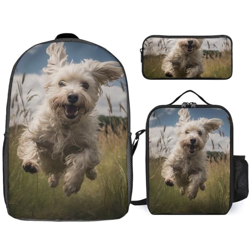 3 Piece Backpack for Women Men Lightweight Causal Daypack Shoulder Bag Set with Insulated Lunch Bag And Pencil Case Organizers White Dog in The Field