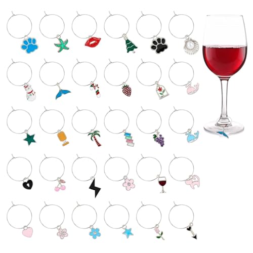 OOTSR 30 Segna Bicchieri Calici, Segnabicchieri Charms Riutilizzabili per Bicchiere di Vino, Colorati Identificazione Tag con Fibbia, Marcatori di Ciondoli per Feste Degustazione Decorative, Argento