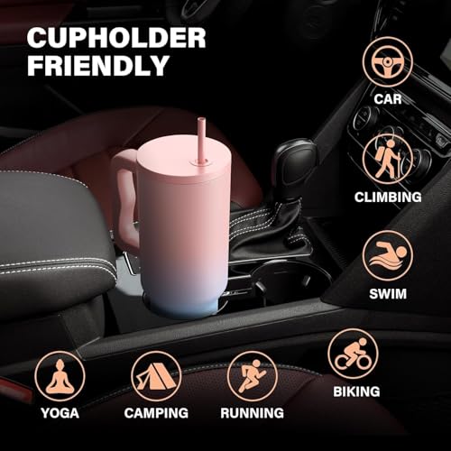 Image of 1200ML Stainless Steel Tumbler Hot and Cold with Handle and Lid 2 Straw, Double Insulated Cup Leak Proof Mug Cupholder for Gym, Travelling (Pink & Blue)