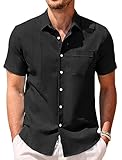 COOFANDY Mens Cuban Design Shirts Lapel Collar Guayabera Beach Shirt with Pocket Black