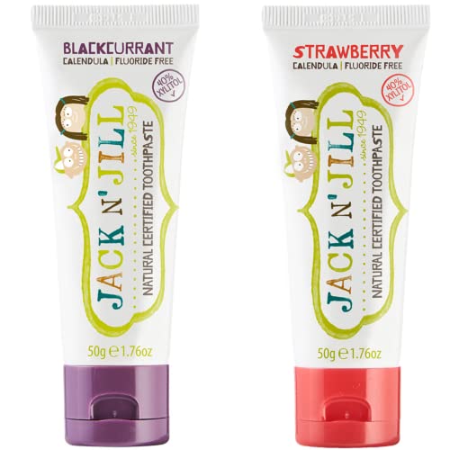 Image of Jack N' Jill Kids Natural Toothpaste - Kids Toothpaste Fluoride Free, Organic Flavors, BPA Free SLS Free, Makes Tooth Brushing Fun for Kids - Blackcurrant & Strawberry, 1.76 oz (Pack of 2)