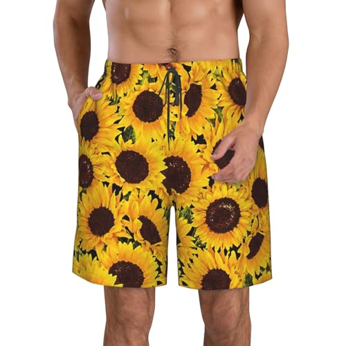 WURTON Yellow Sunflowers Print Men's Swim Trunks Quick Dry Beach Shorts with Pockets Lining Swimwear Bathing Shorts