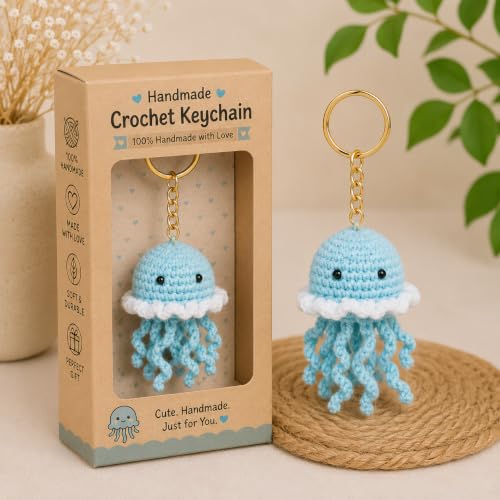 Image of Handmade Crochet Keychain | Cute Knitted Key Ring Charm | Crochet Animal, Fruit, Flower, Evil Eye & Food Plush Keychain for Car Keys, Backpack, Handbag & Gift (Pack of 1) (Jellyfish)