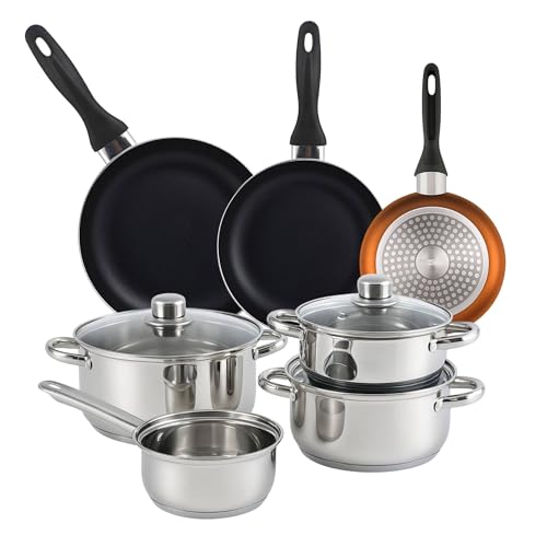 Well Home Set of 7pc Stainless Steel Cookware + 3 Frying Pans Ø16Ø20Ø24cm Bronze Metallic Pressed Aluminium