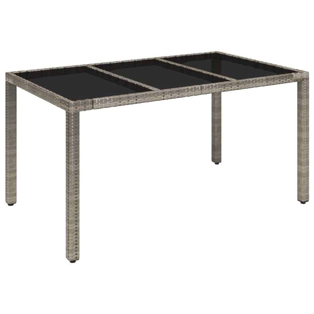 Mesa de jardín con tablero de cristal gris, 150 x 90 x 75 cm, polirratán, mesa de jardín para terraza con marco de acero pulverizado y placa de cristal duro, fácil de limpiar y resistente al