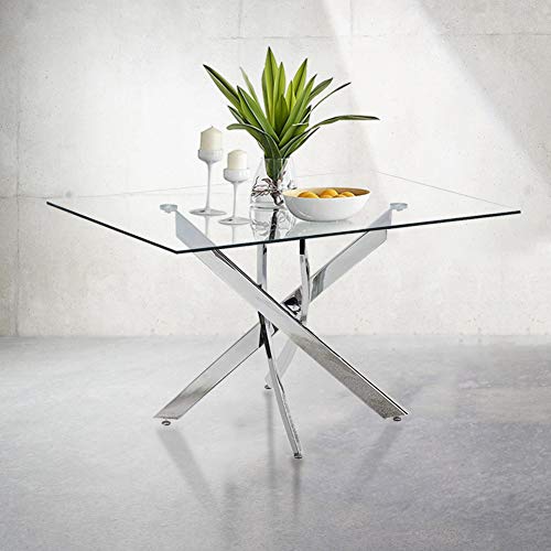 GOLDFAN Table à Manger en Verre Rectangulaire Table de Cuisine de Salon de Salle à Manger avec Pieds en Métal 110cm