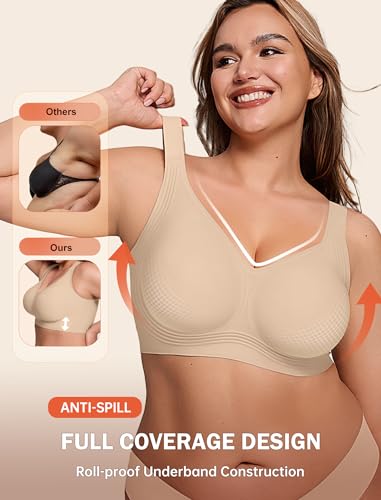 Bras for Women Supportive Wireless Push Up Bra Full Coverage No Underwear Seamless Plus Size for Older Women（Skin,XL3