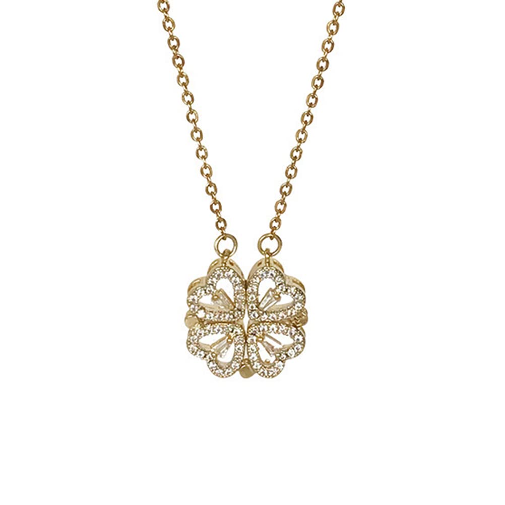 QDPJ Collana con quadrifoglio a forma di cuore, 2 in 1, retro magnetico, pieghevole, a forma di cuore, bella trasformazione