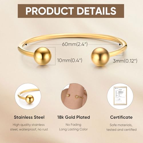 MEALGUET Jewelry Gold Plated Stainless Steel Polished Simple Cuff Bangle Ball Ends Open Bangle Bracelets for Women4