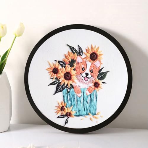 Image of Esffaci Embroidery Starter Kit for Adult Beginner with Dog Sunflower Pattern Hand Embroidery Set with Embroidery Cloth Hoop Needle Threader Embroidery Floss and Instruction