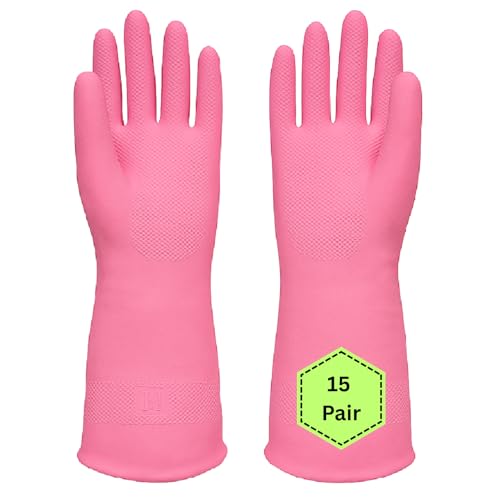 Image of Natural Rubber Household Gloves - Reusable & Waterproof for Cleaning, Dishwashing, Kitchen & Bathroom Use - Comfortable Fit with Non-Slip Grip - Durable & Long-Lasting (Pink, 15 Pair)