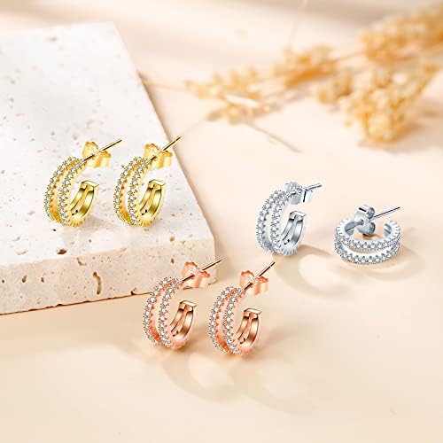 Lydreewam 925 Sterling Silver Small Half Hoop Earrings for Women Girls, Mini Huggie Hoop Earrings with 3A Zirconia, 12mm Diameter Double Hoop Earrings, 3 Colors in Silver/Gold/Rose Gold