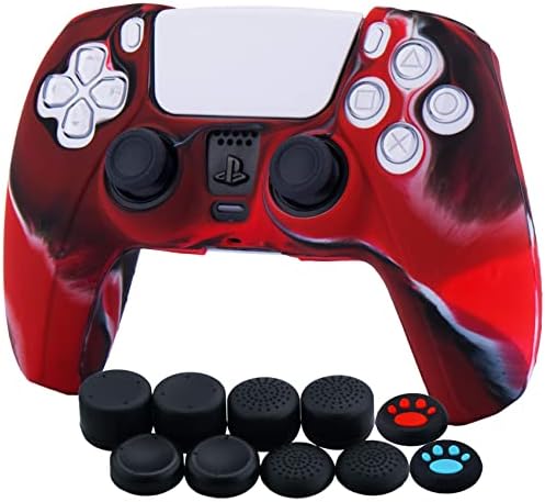 YoRHa Silicone Cover Skin Case for PS5 Dualsense Controller x 1(Camouflage Red) with Thumb Grips x 10