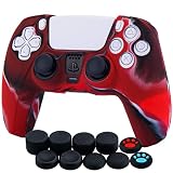 YoRHa Silicone Cover Skin Case for PS5 Dualsense Controller x 1(Camouflage Red) with Thumb Grips x 1