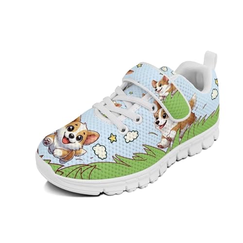 Little Kid Tennis Shoes Slip On Boys Girls Sneakers Casual Running Shoes Woven Breathable with Soft Soled Sports Hook-Loop Outdoor Shoes White Sole Cute Corgi Green Grass Pattern